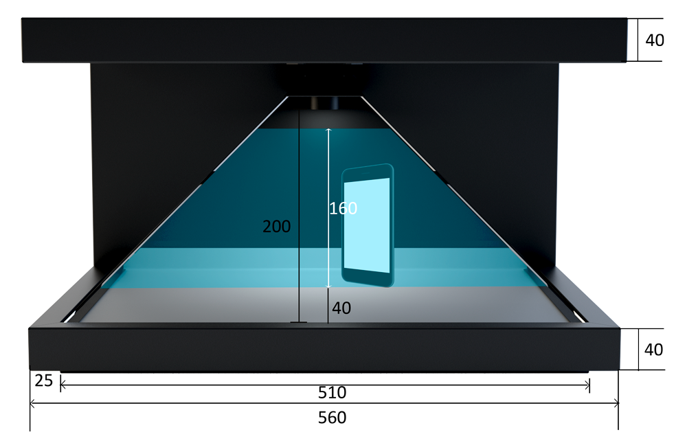 Technische Spezifikationen und Abmaße der DREAMOC HD3 Hologramm-Pyramide, frontal mit Handy als Größenvergleich.